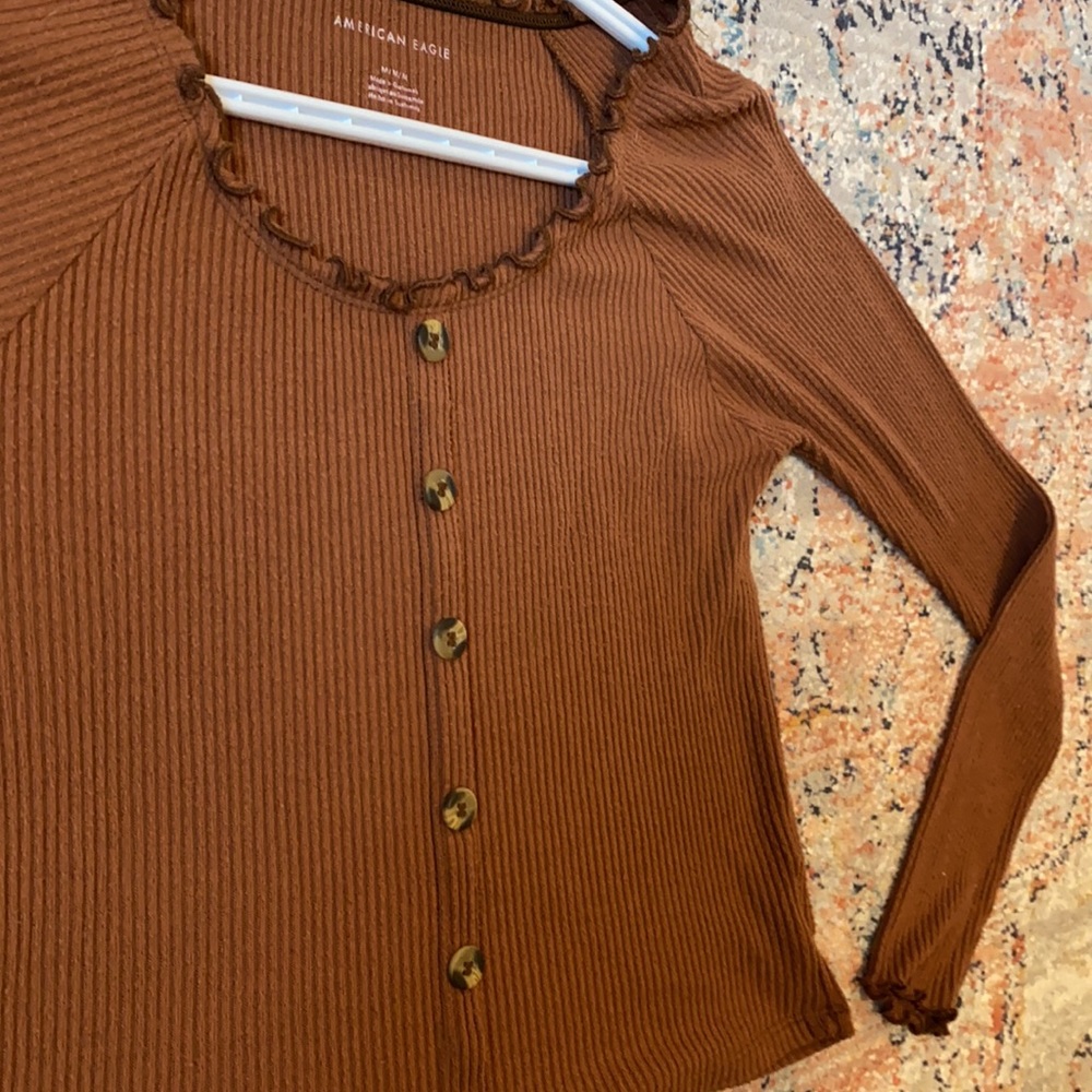 Long Sleeve Rib Knit Button Front Top - Picture 3 of 3